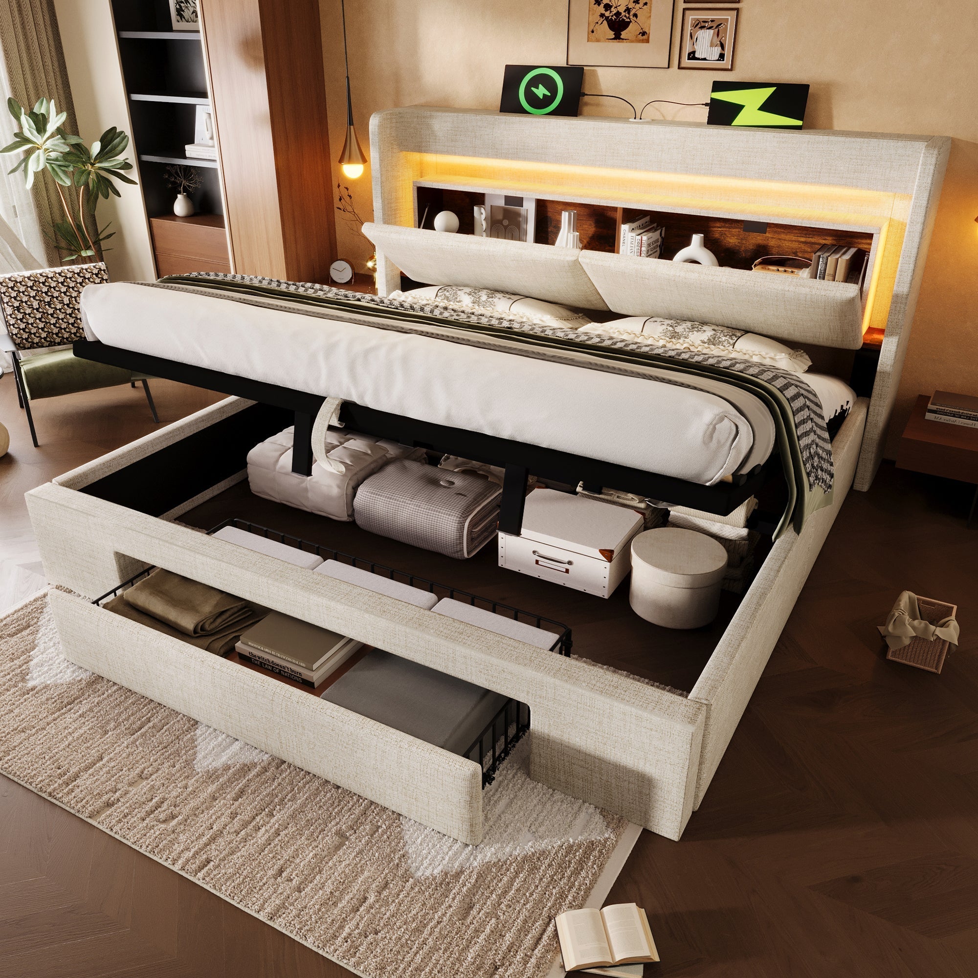 Upholstered Bed 180x200cm Hydraulic Storage LED USB/USB-C Headboard with Compartment Beige Linen