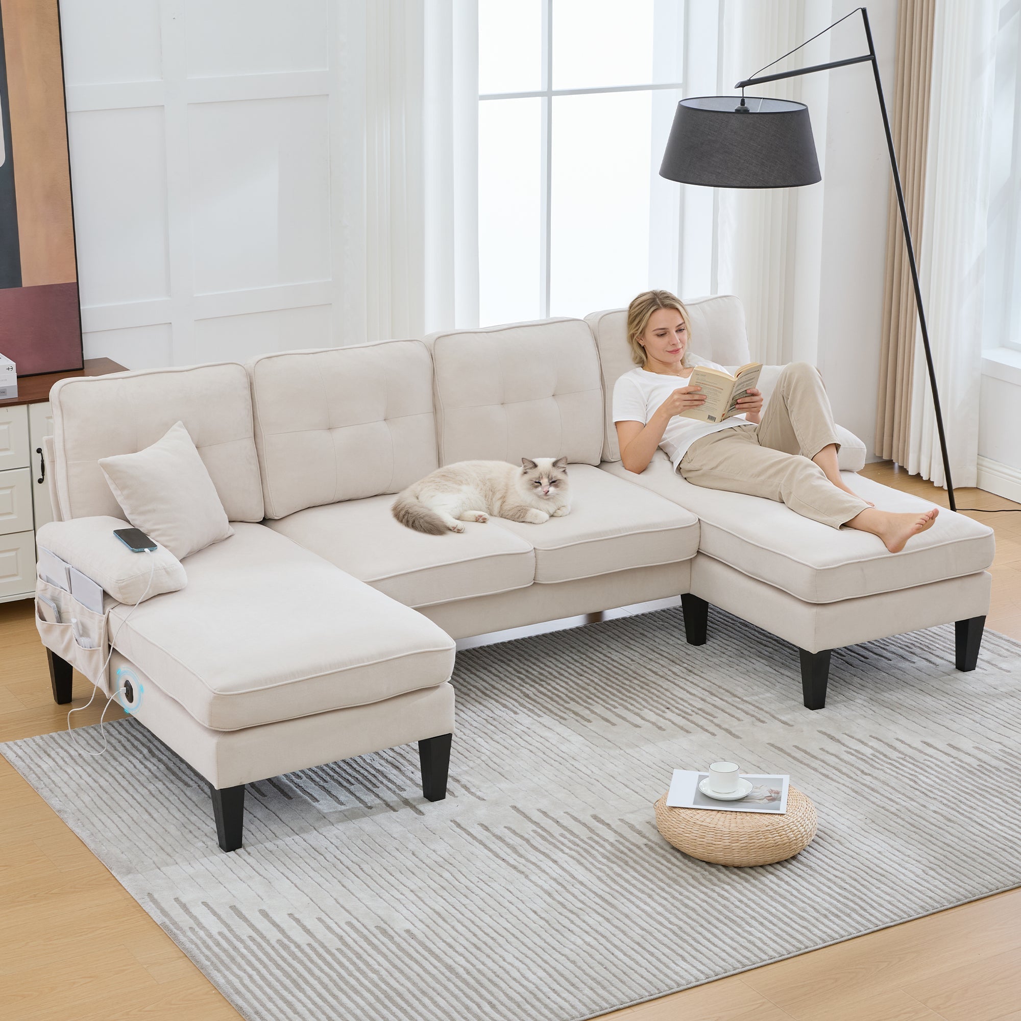 U-shaped Sofa Large 4-Seater Two Chaise Lounges Linen Fabric Beige