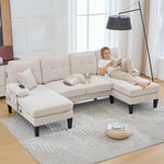 U-shaped Sofa Large 4-Seater Two Chaise Lounges Linen Fabric Beige