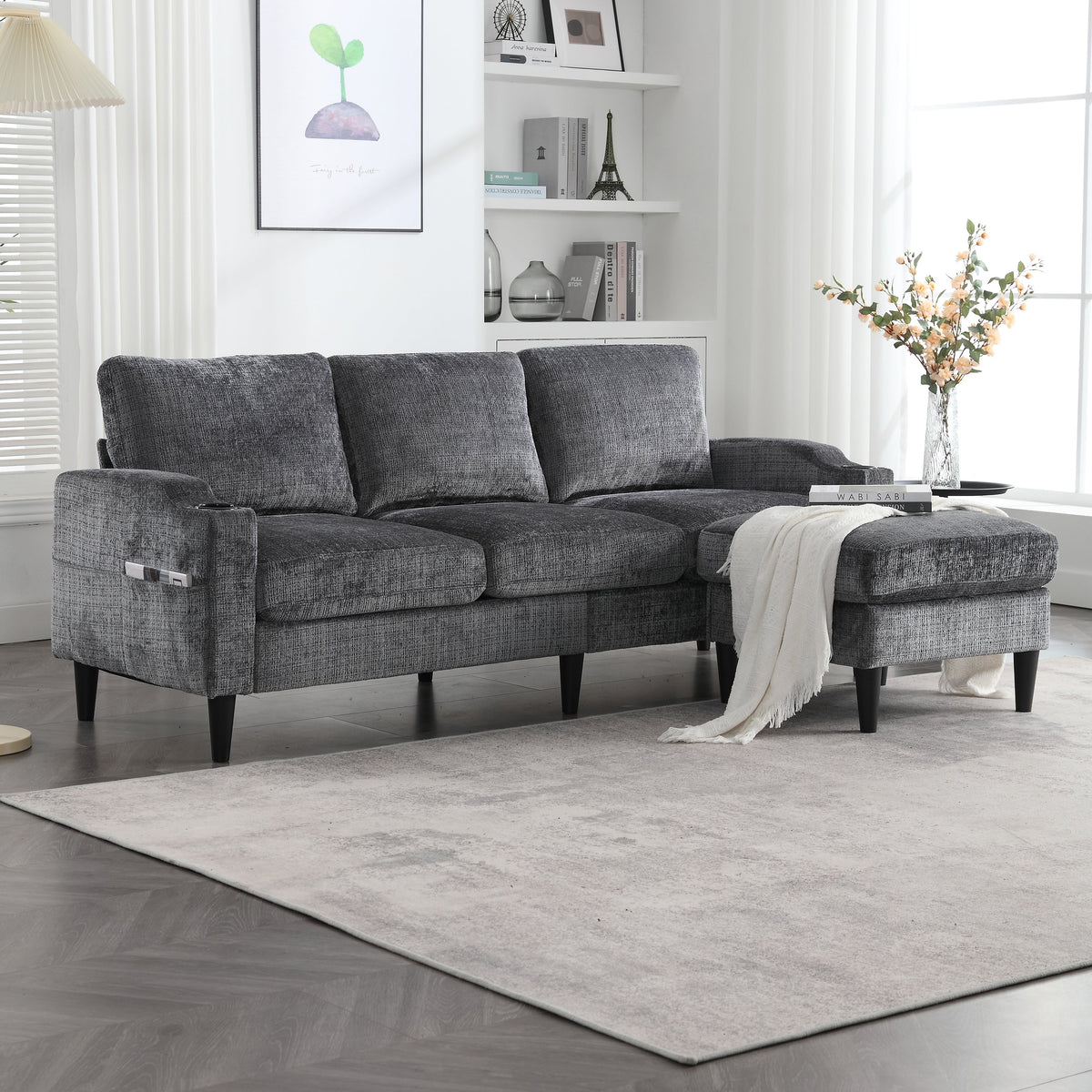 Sofa, 4-Seater with Footstool & Storage, Velvet