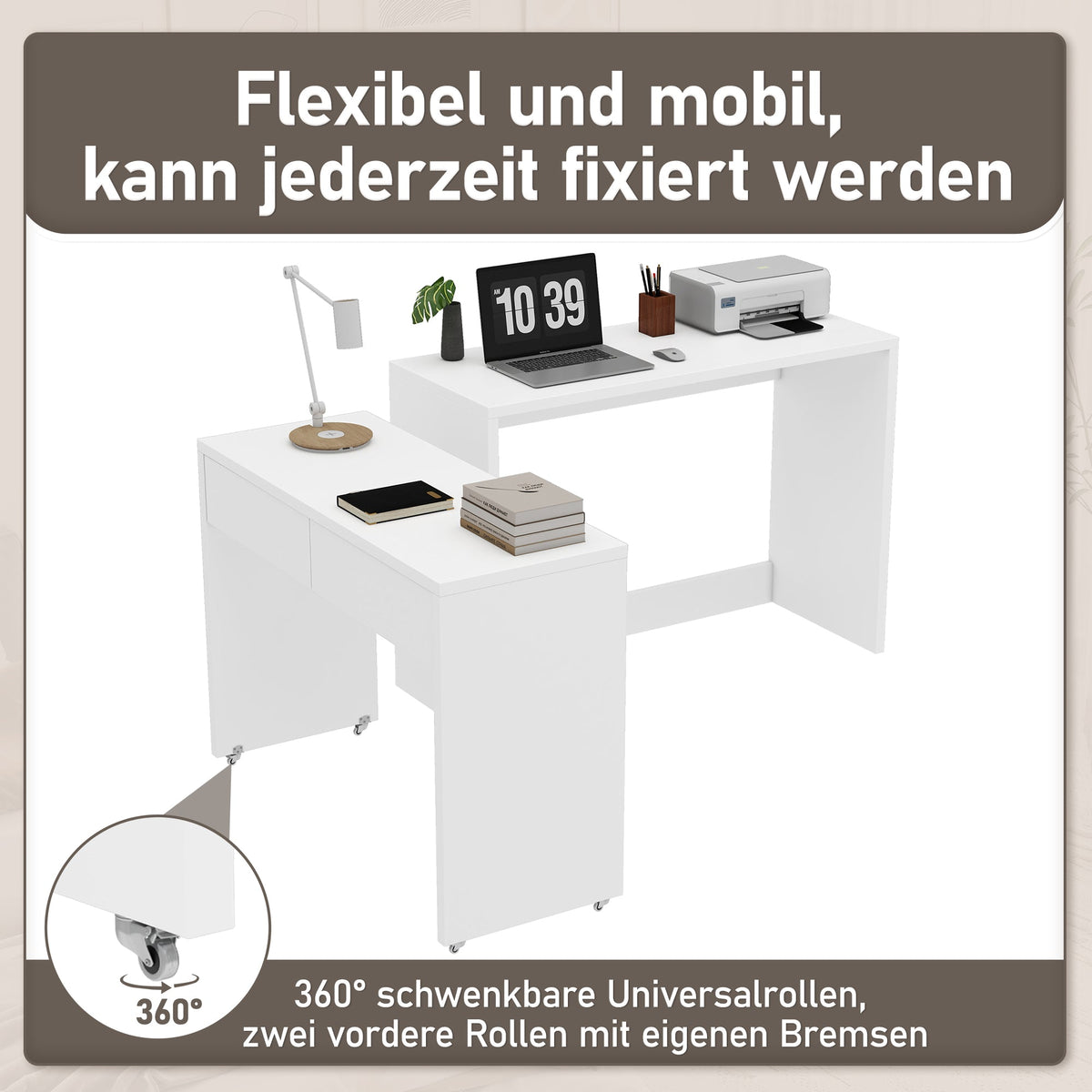Desk + Chest of Drawers, 2-in-1 Extendable Compact Foldable, 1.8cm Thick Wood