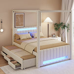 Upholstered Four-Poster Bed 140x200cm, 3 Drawers & LED, Beige