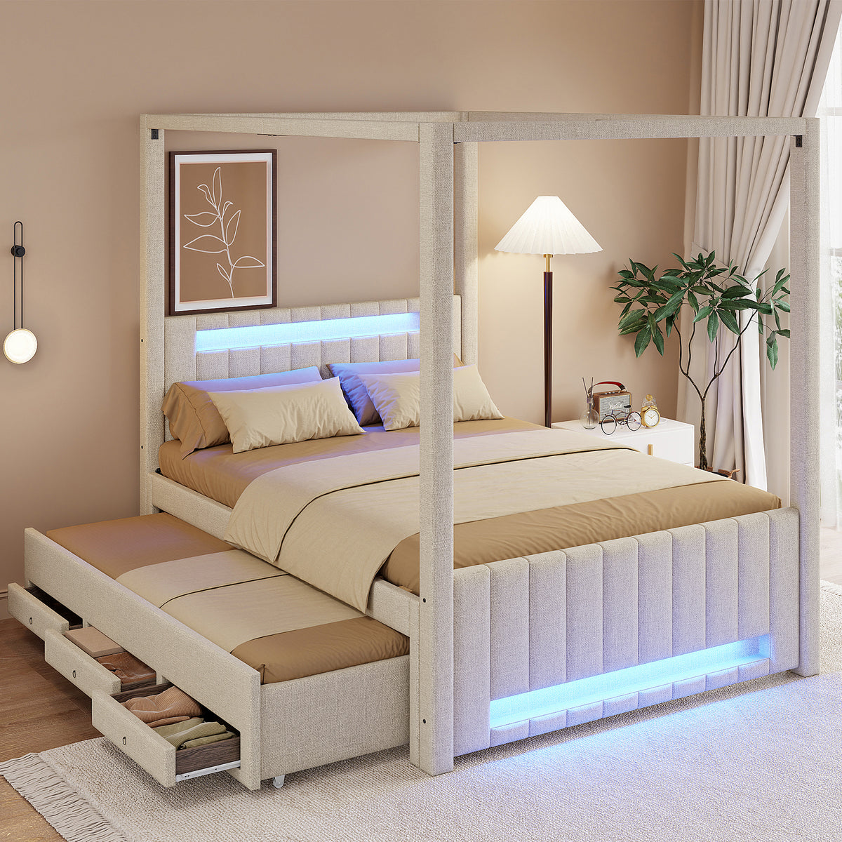 Upholstered Four-Poster Bed 140x200cm, 3 Drawers & LED, Beige