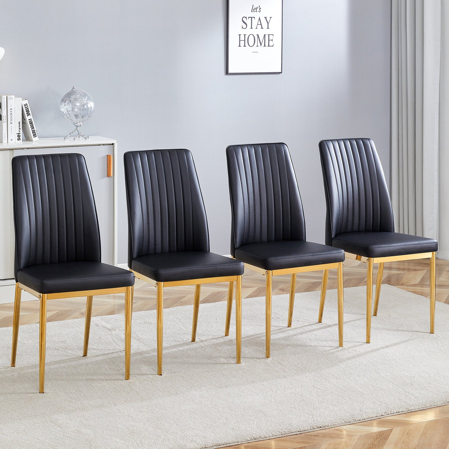 Dining Chair Set 4-Piece Golden Metal Legs PU Leather - Black