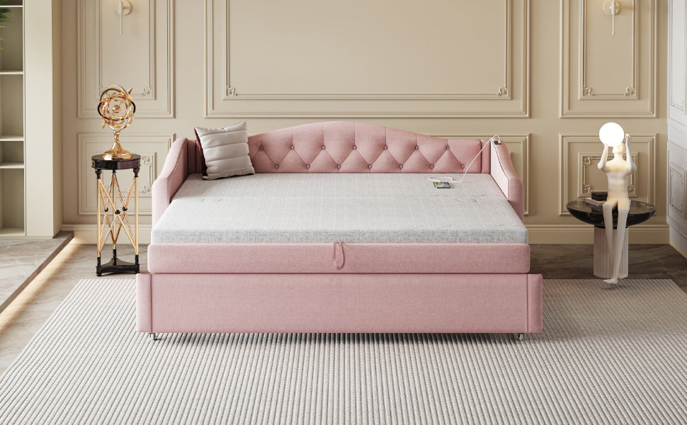 Upholstered Bed Pull-out Sofa Bed with USB Port, Pink Linen Fabric