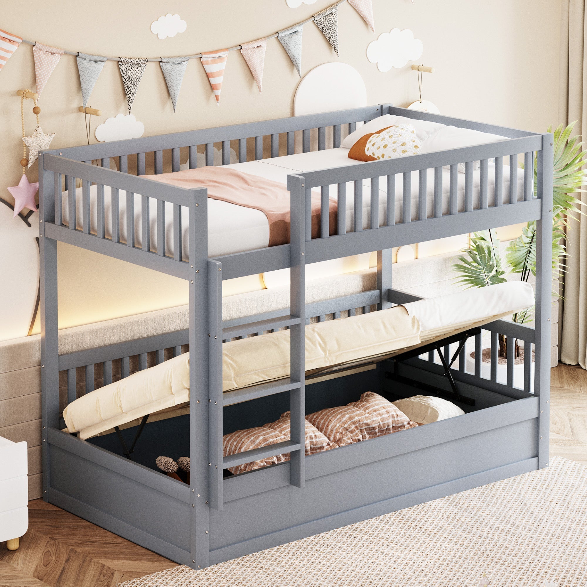 Children's Bunk Bed, 90x200 Hydraulic Storage System, Solid Wood Gray