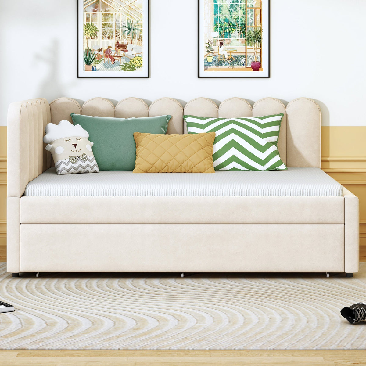 L-shaped Upholstered Bed, Sofa Bed 140x200 cm, Floral Backrest, Pull-Out Bed, Beige Velvet
