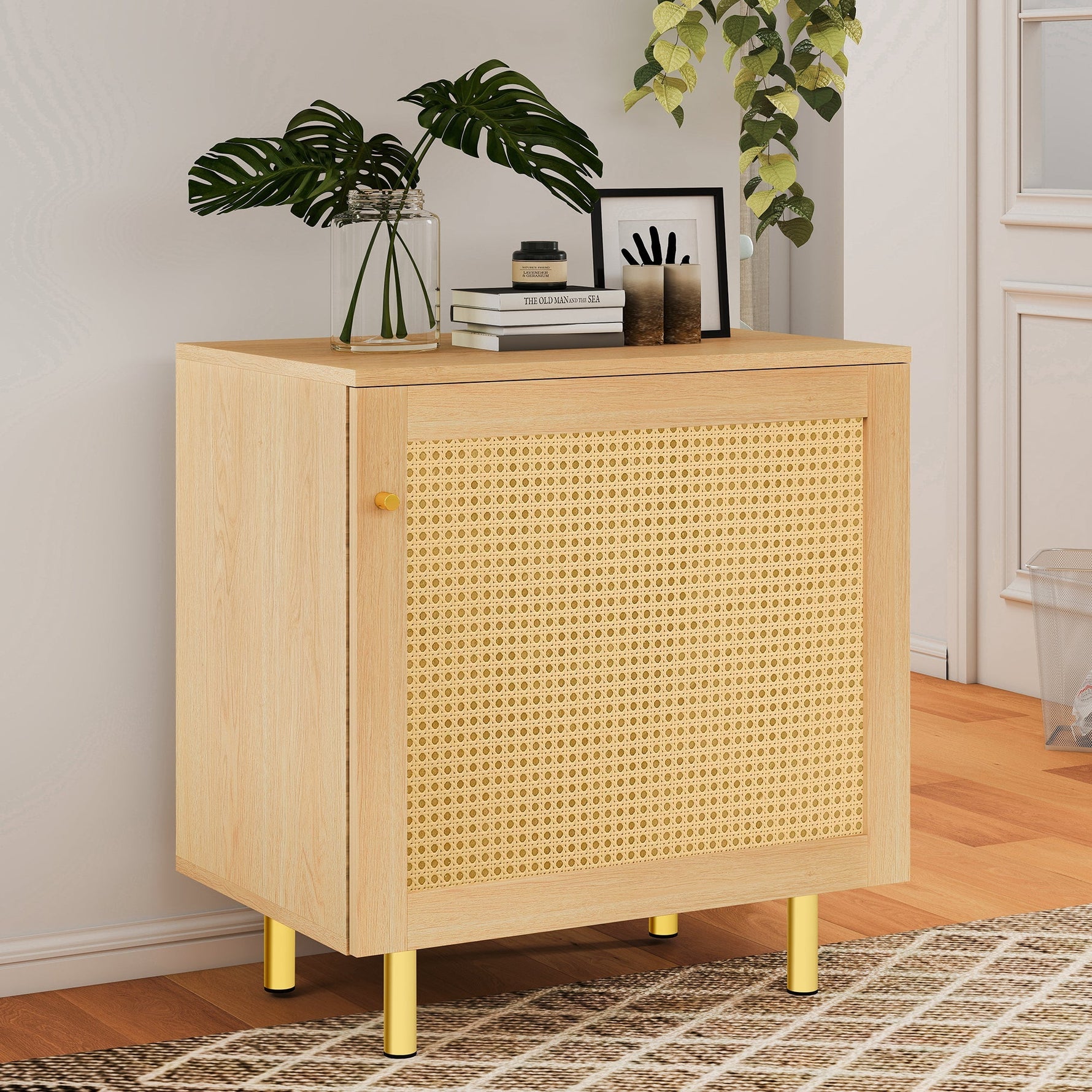 Wicker Nightstand Single Door Rustic Natural Wood Look