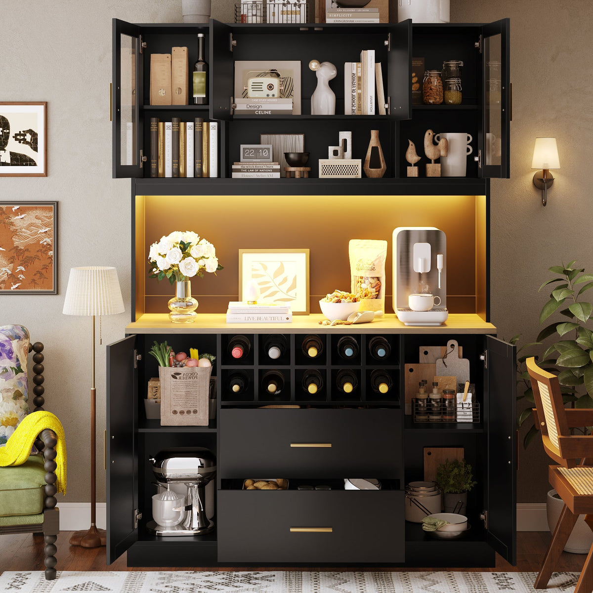 Sideboard with LED Lighting and Power Socket, 6 Doors and 2 Drawers, Black and Gold