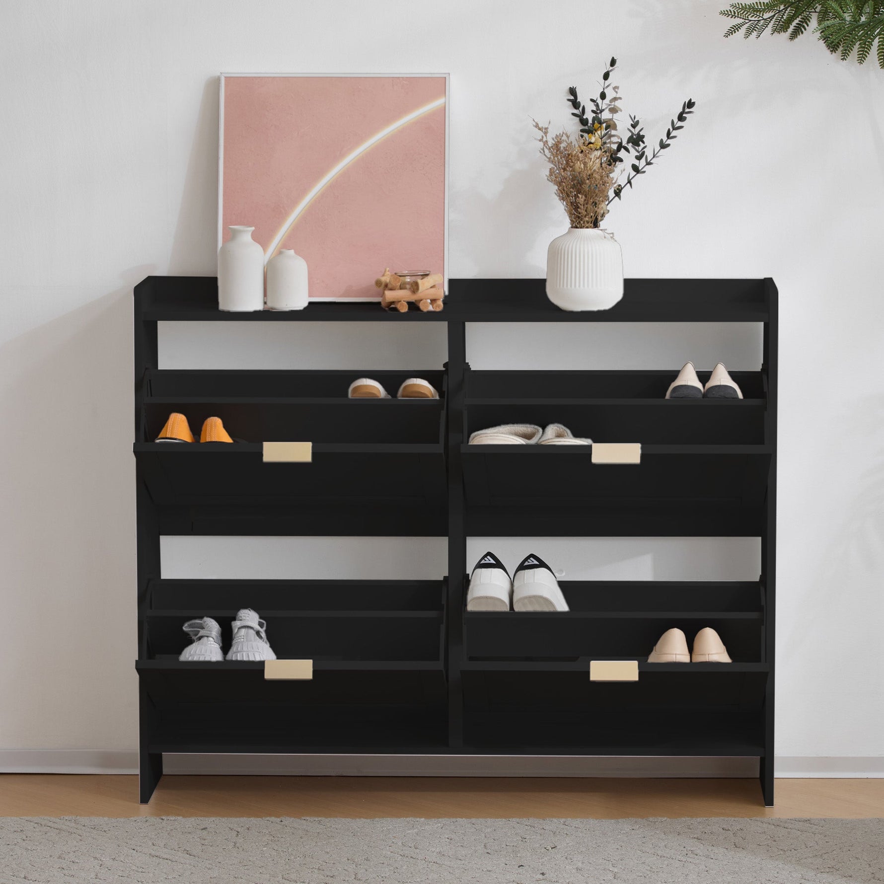 Shoe Cabinet 4 Drop-Down Compartments Open Shelves Entryway, Black