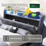 Children's Bed, Upholstered with Lights, USB, Storage, Gray Linen