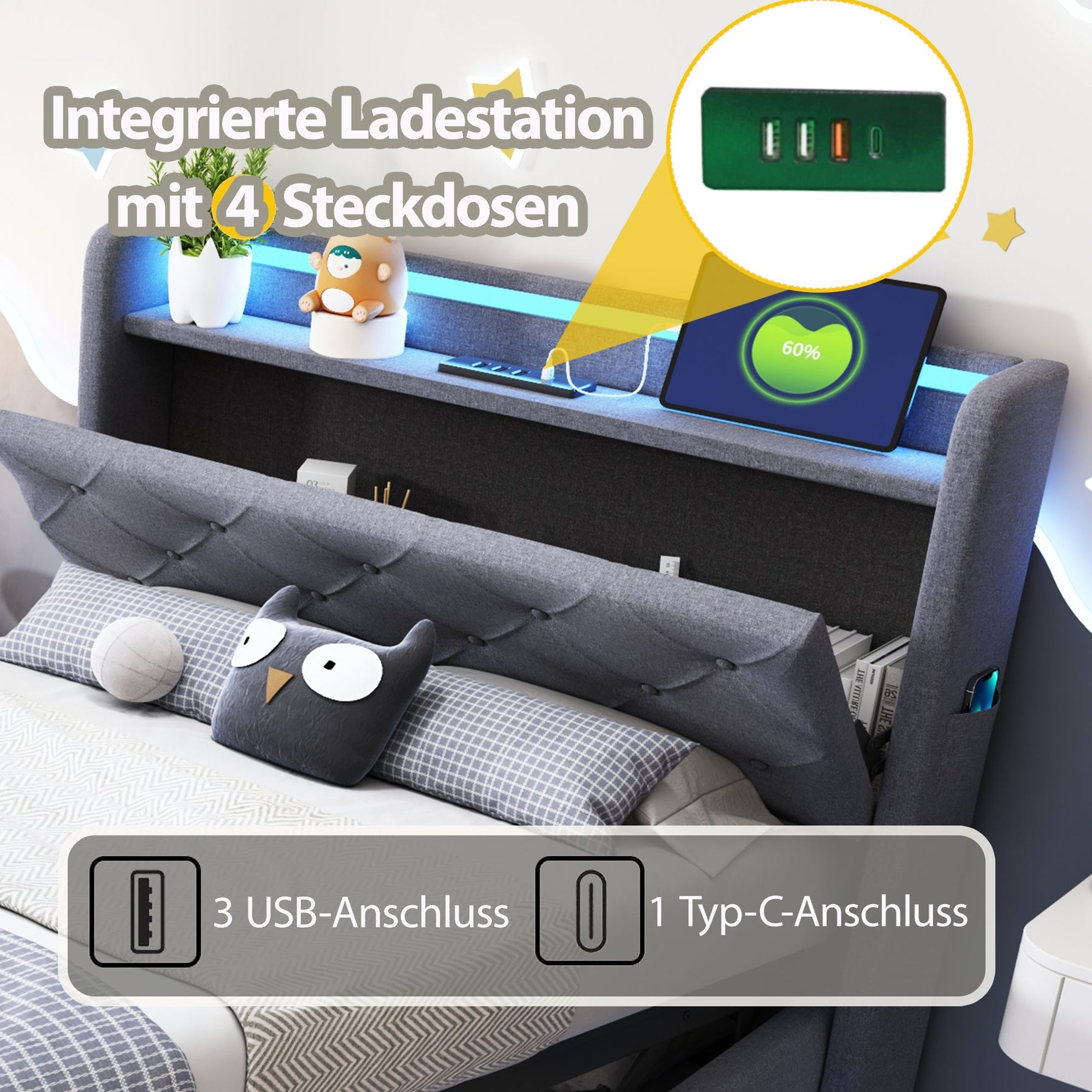 Children's Bed, Upholstered with Lights, USB, Storage, Gray Linen