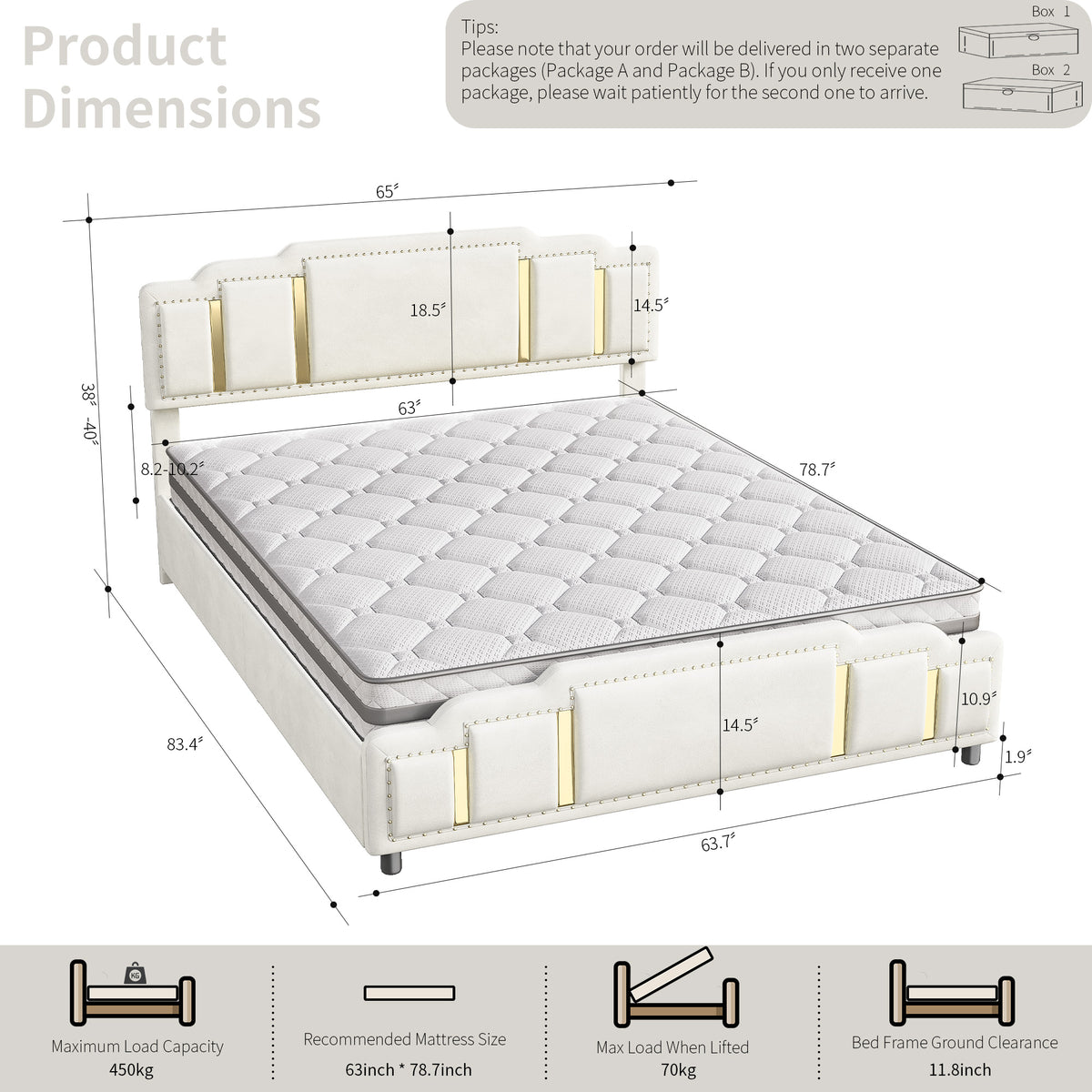 Hydraulic Double Bed 160x200cm with Headboard, Beige Velvet