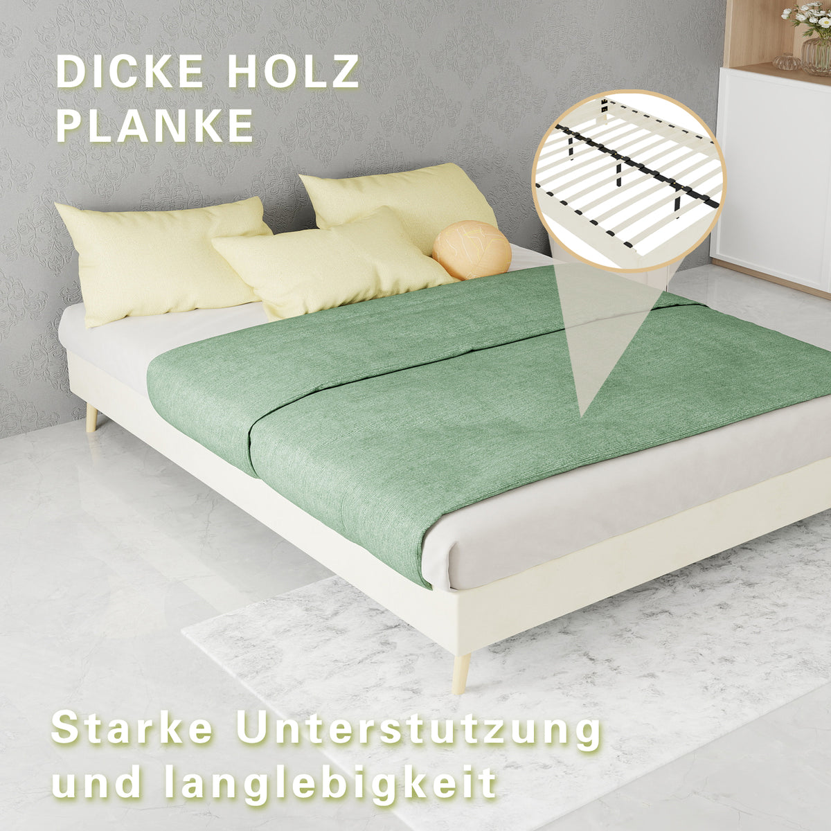 Modern Minimalist Bed Frame 140x200cm with Mattress, Beige Velvet