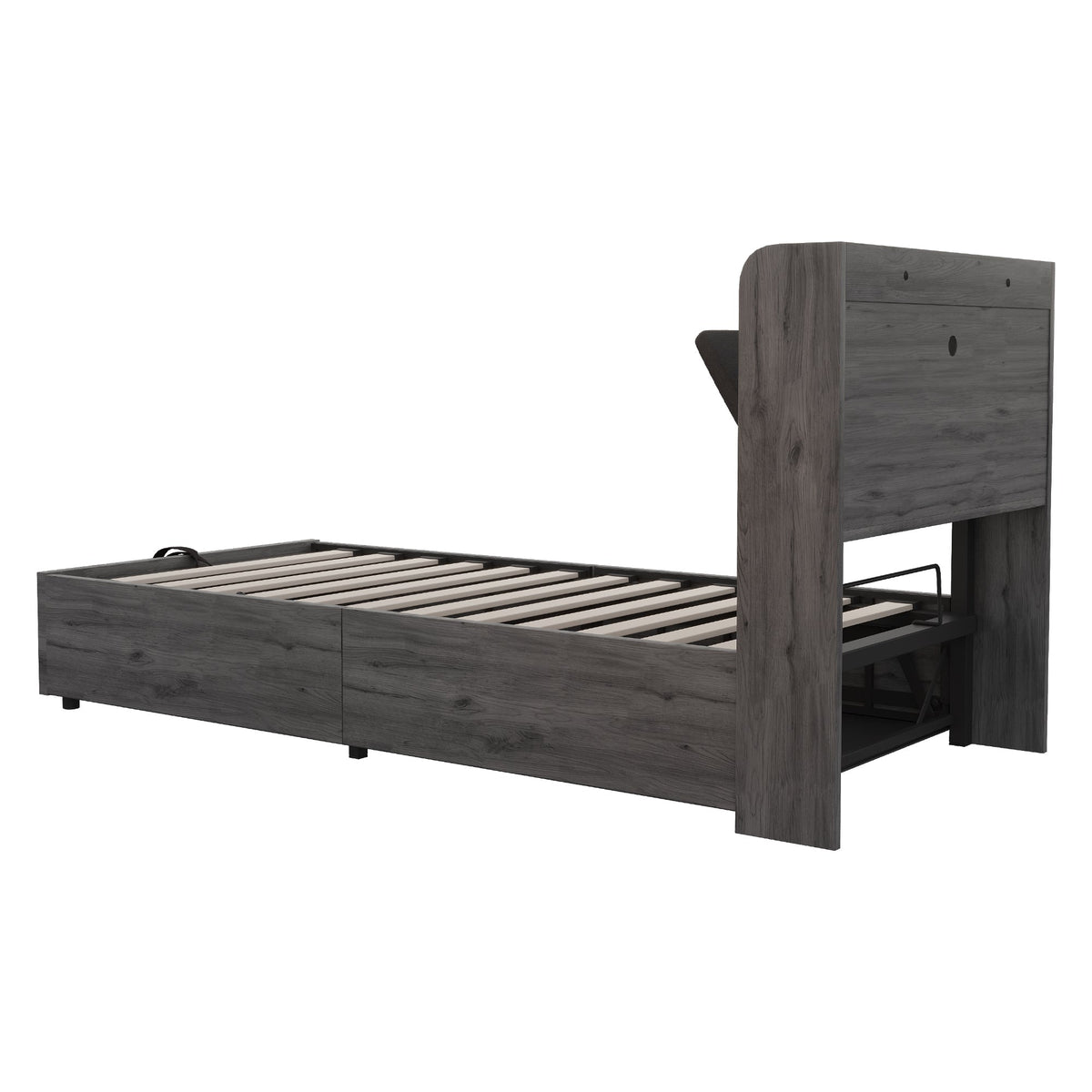 Wooden Bed, 90x200 cm Hydraulic with Storage & USB/Type-C, Grey