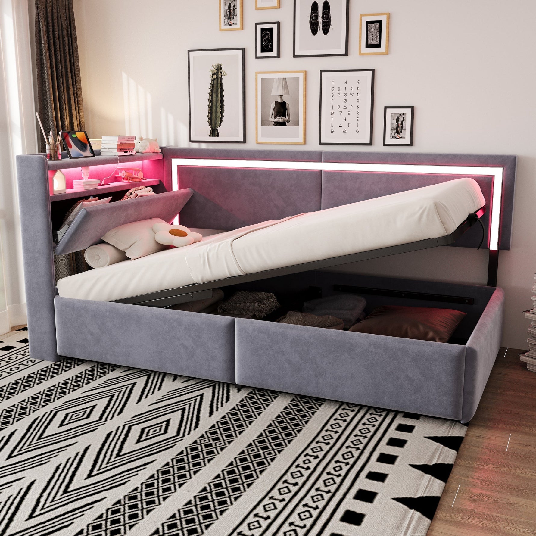 Upholstered Sofa Bed 90x200 LED USB Hydraulic Storage Light Grey Velvet