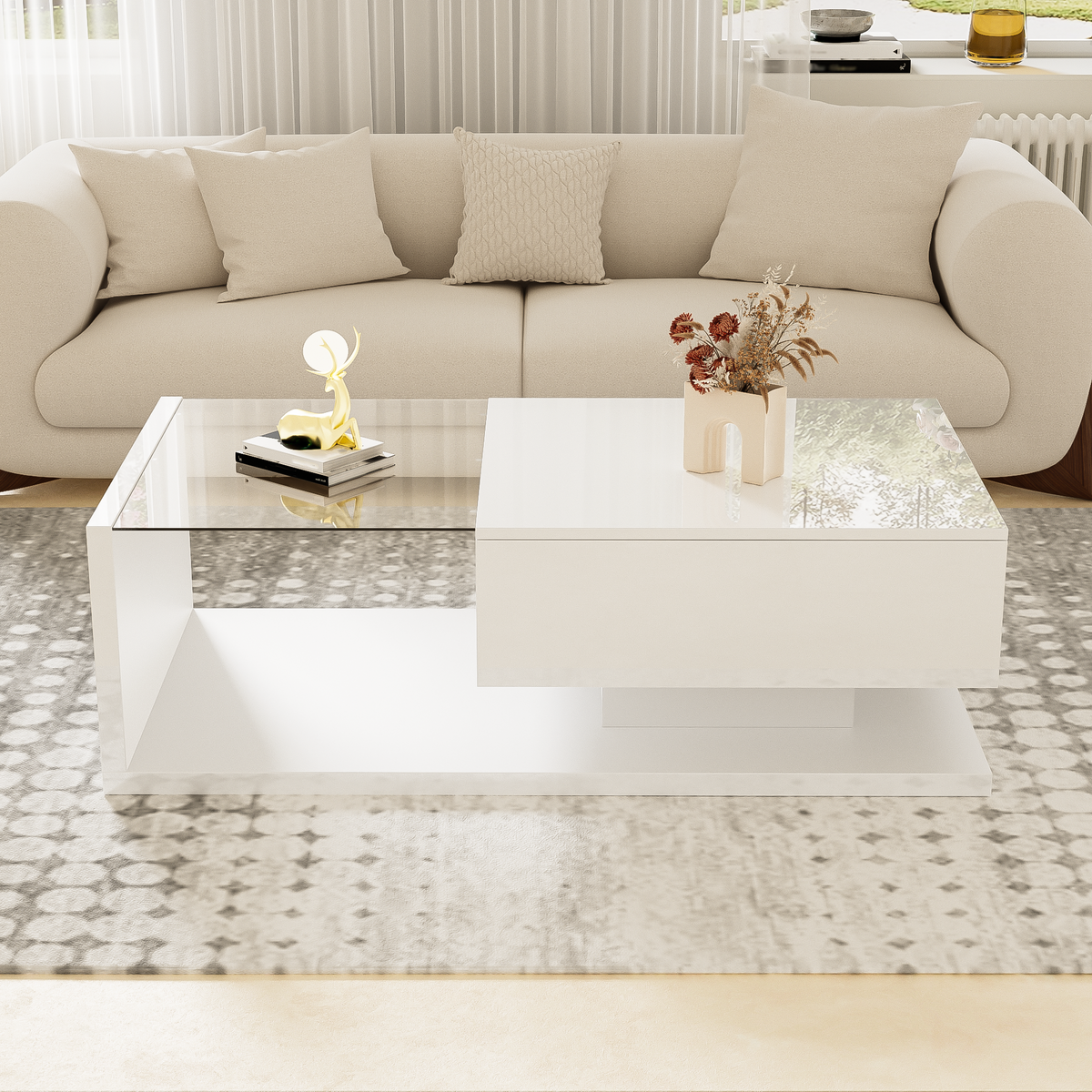 Coffee table, high-gloss white
 Side table, coffee table, with glass and LED effect