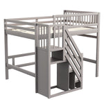 Solid Wood Bed 140x200 with Storage Stairs & Railing, Grey