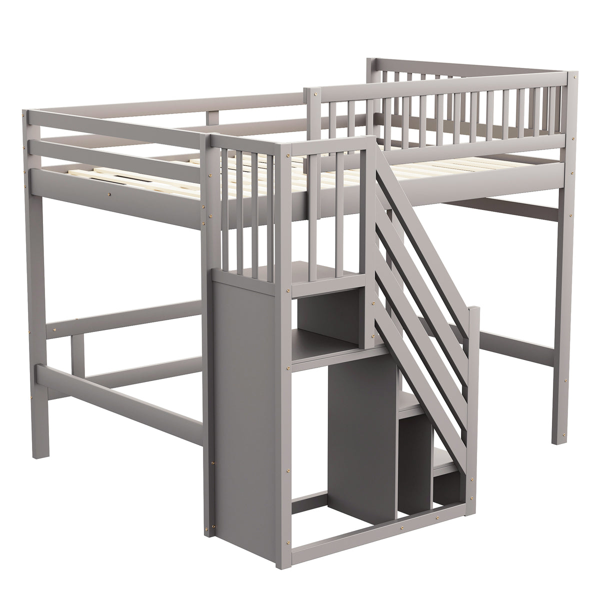 Solid Wood Bed 140x200 with Storage Stairs & Railing, Grey