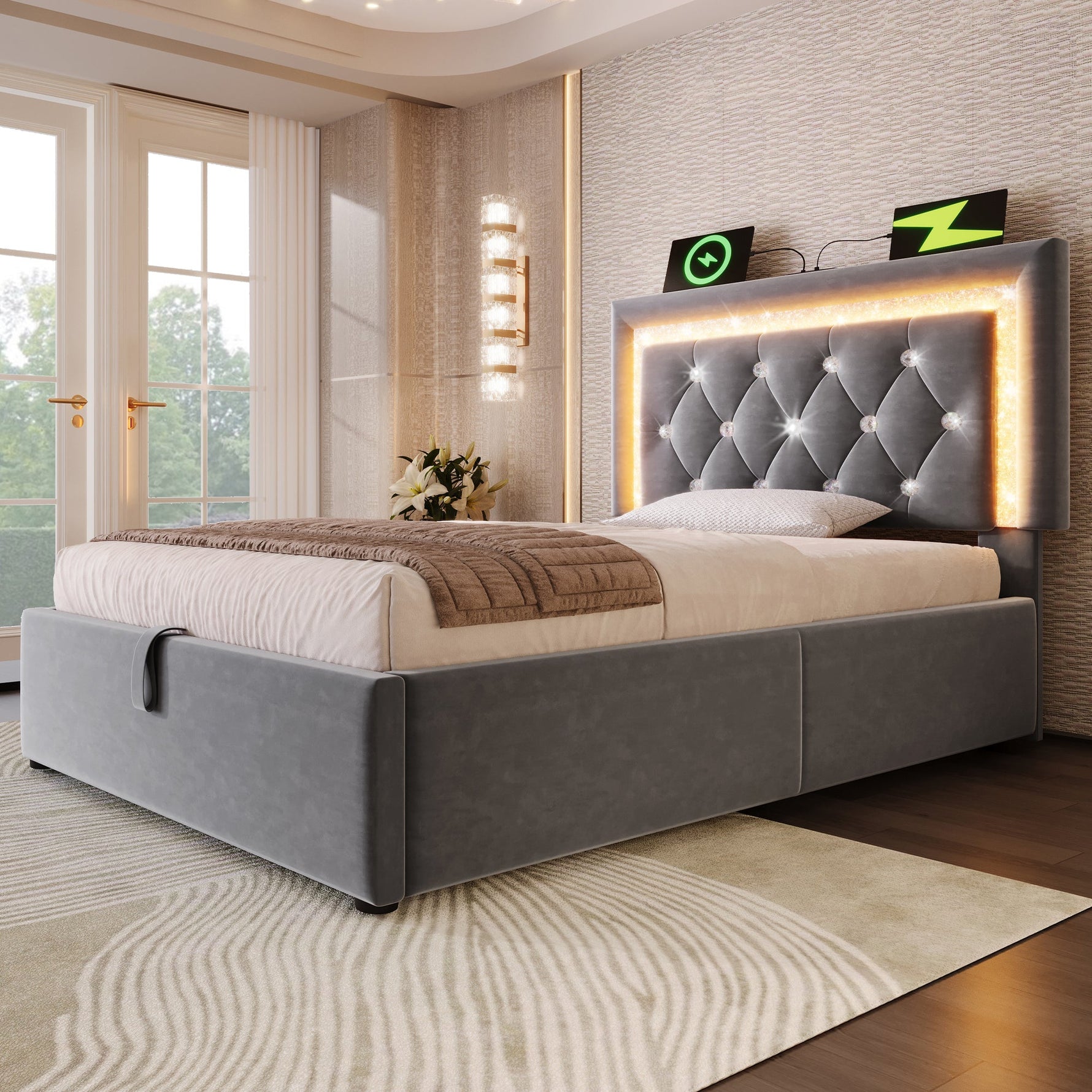 Upholstered Single Bed 90x200cm Hydraulic Storage LED USB Velvet Grey