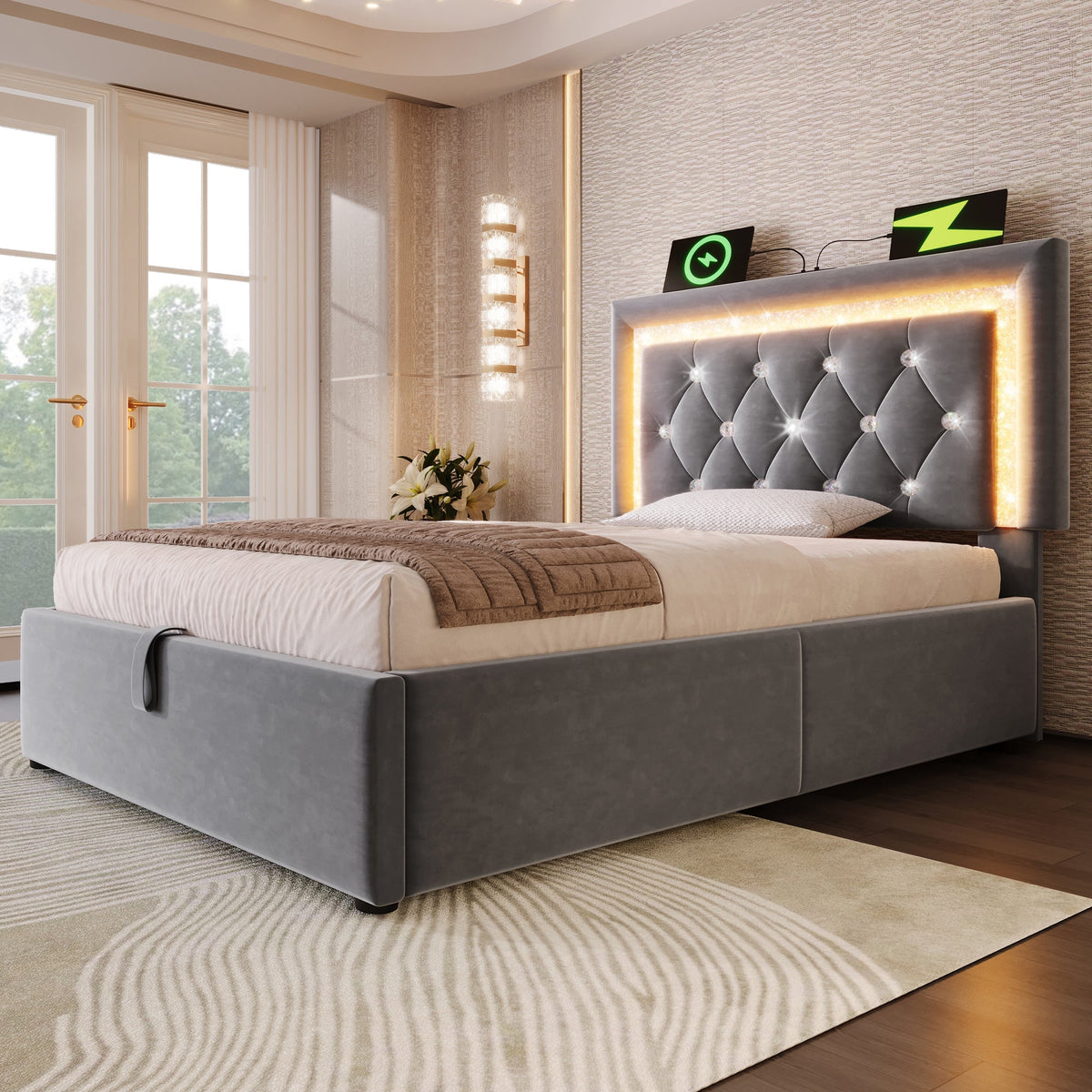 Upholstered Single Bed 90x200cm Hydraulic Storage LED USB/Type-C Charging - Velvet Grey