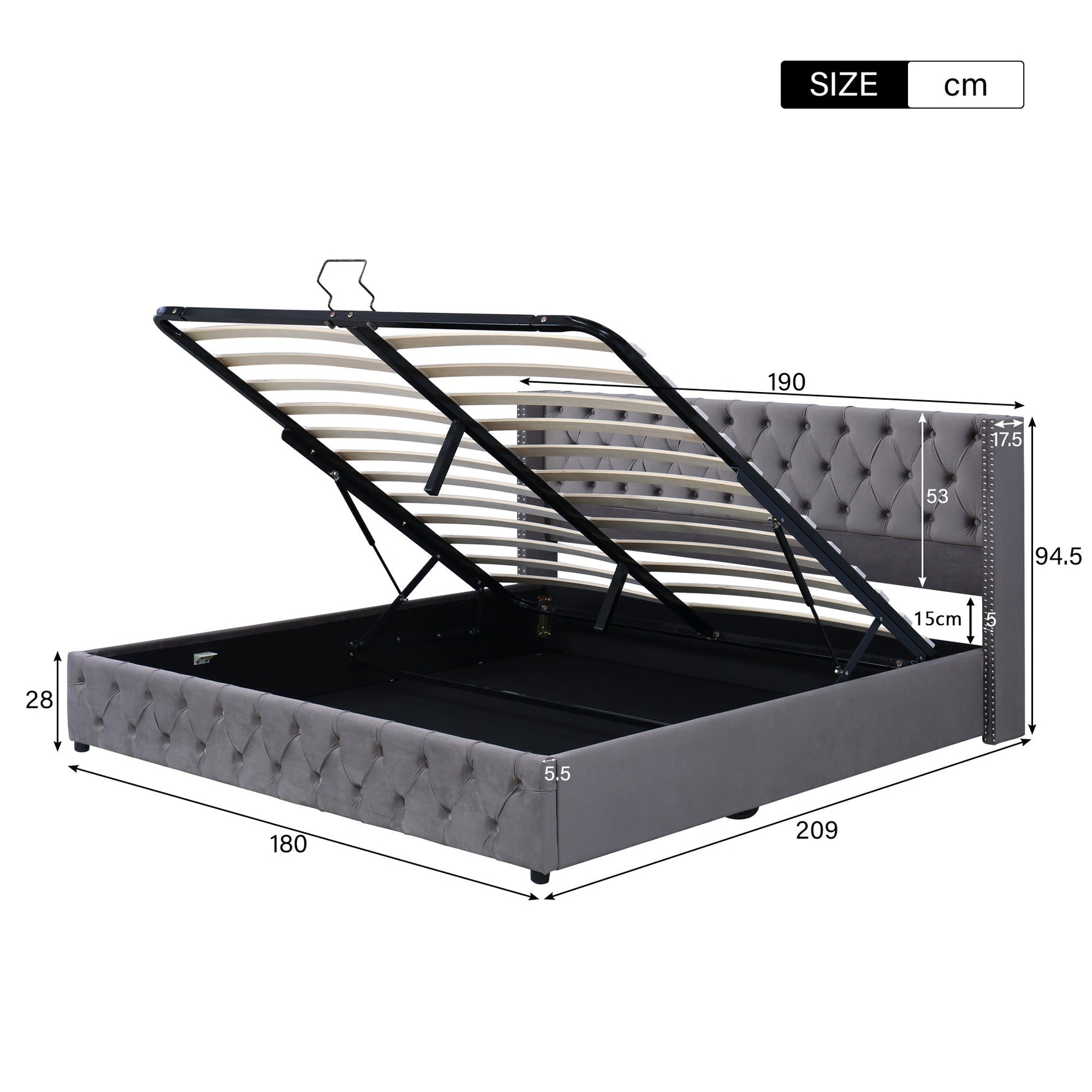 Upholstered Bed 180x200cm Double Hydraulic Lift Storage Ear-Shape Velvet Grey