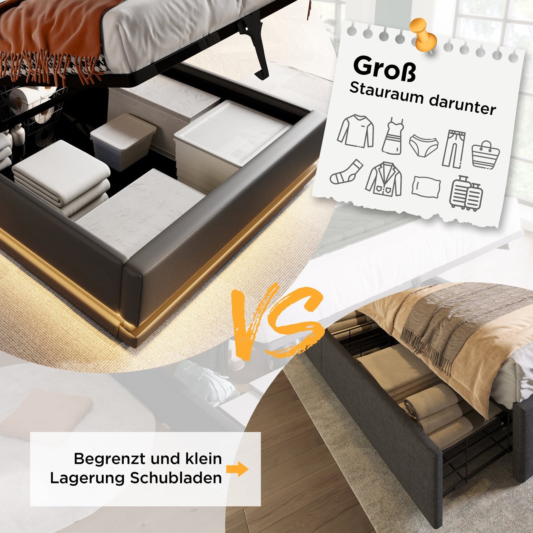 Upholstered Bed, 90x200cm Hydraulic Storage with USB, LED, Black PU