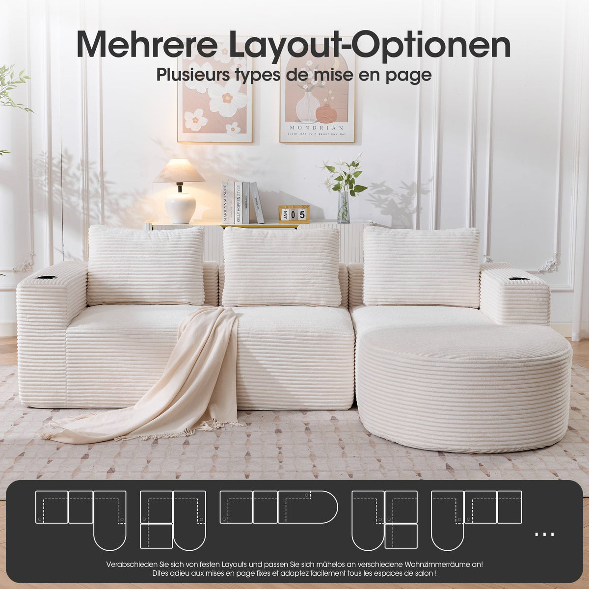 Double Sofa with 3 Pillows and 2 Cup Holders, 265cm Wide Fully Compressed, Feather and Plastic