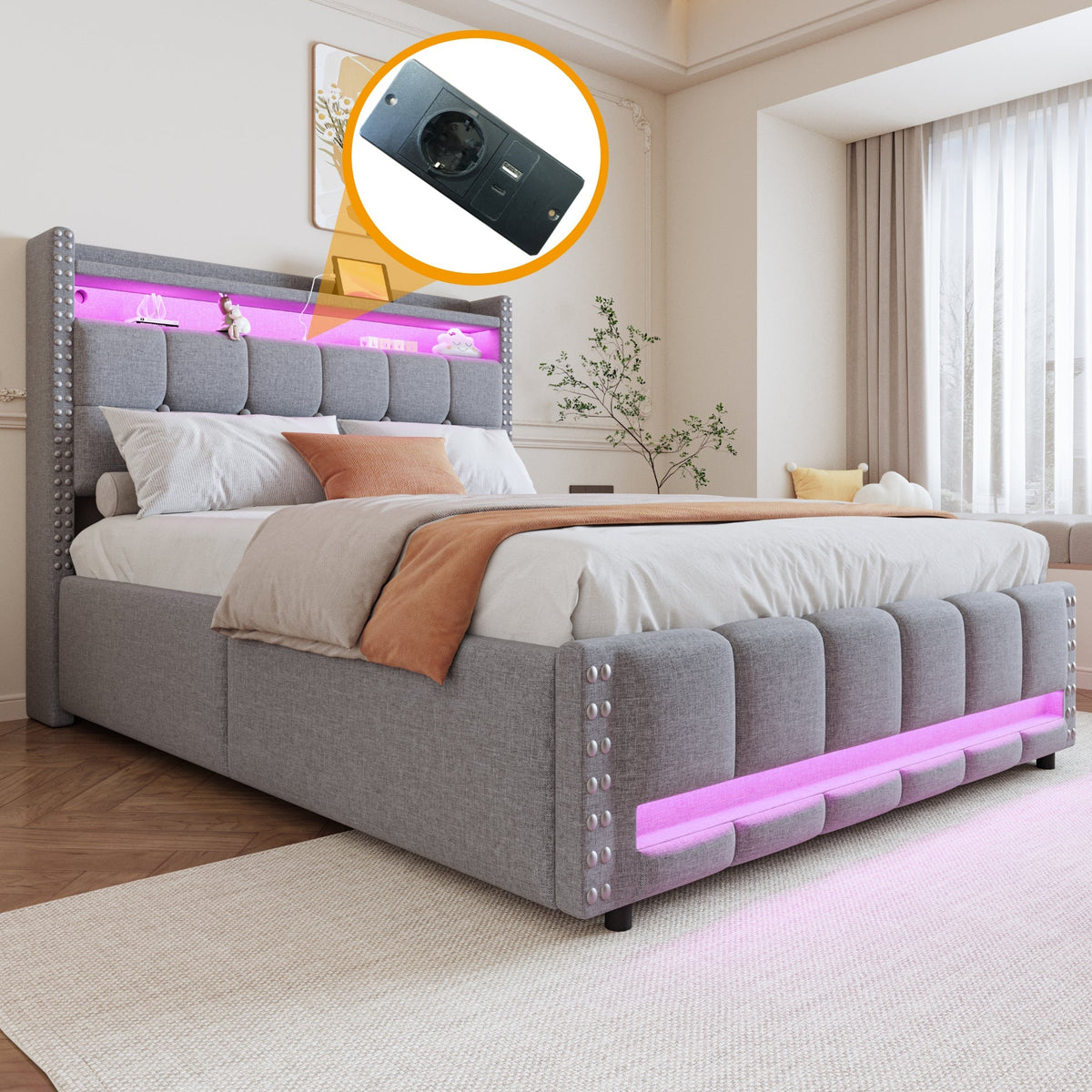 Upholstered Bed 140x200cm, LED & USB, Hydraulic Storage, Light Grey Linen