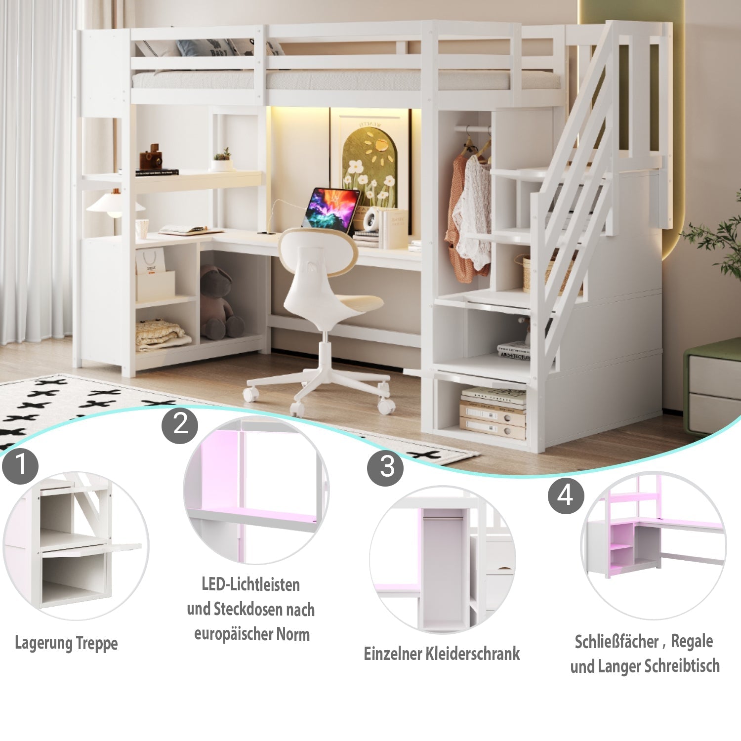 Wooden Loft Bed with Wardrobe, Desk, Storage Stairs, LED and Sockets, 90x200cm, White Pine + MDF