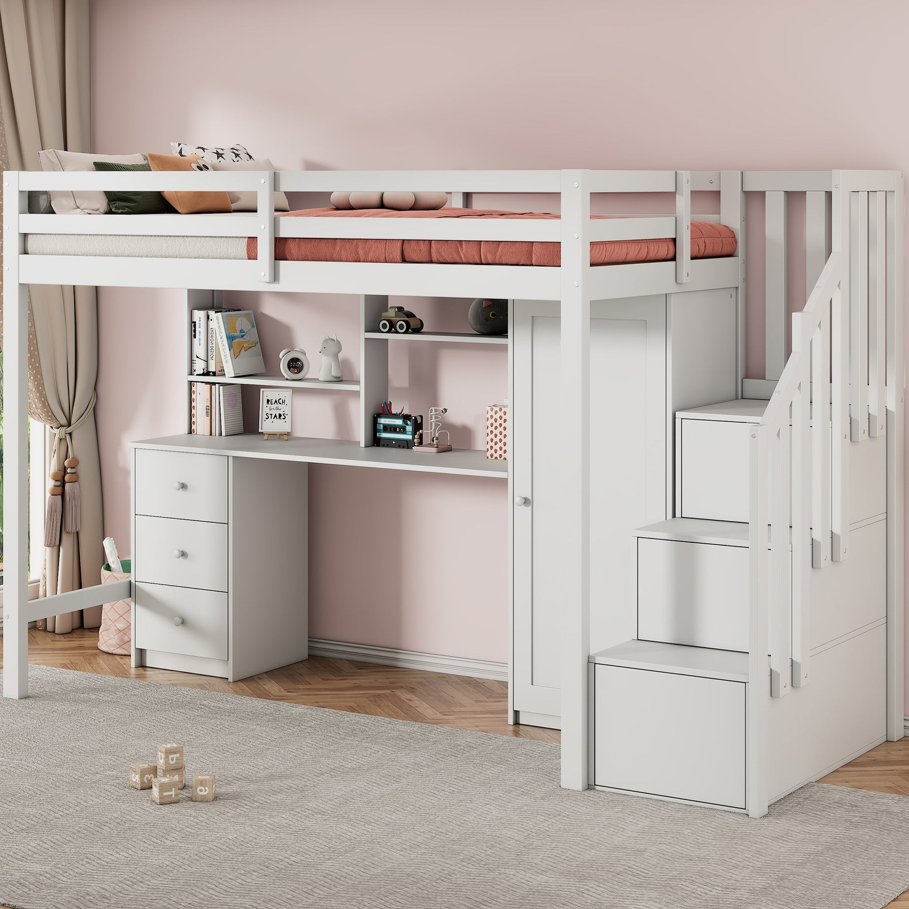 Bunk Bed 90x200cm with Desk, Wardrobe, Stair Storage - White