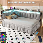 Upholstered Sofa Bed 90x200cm Pull-out LED Storage USB/Type-C Light Grey Velvet