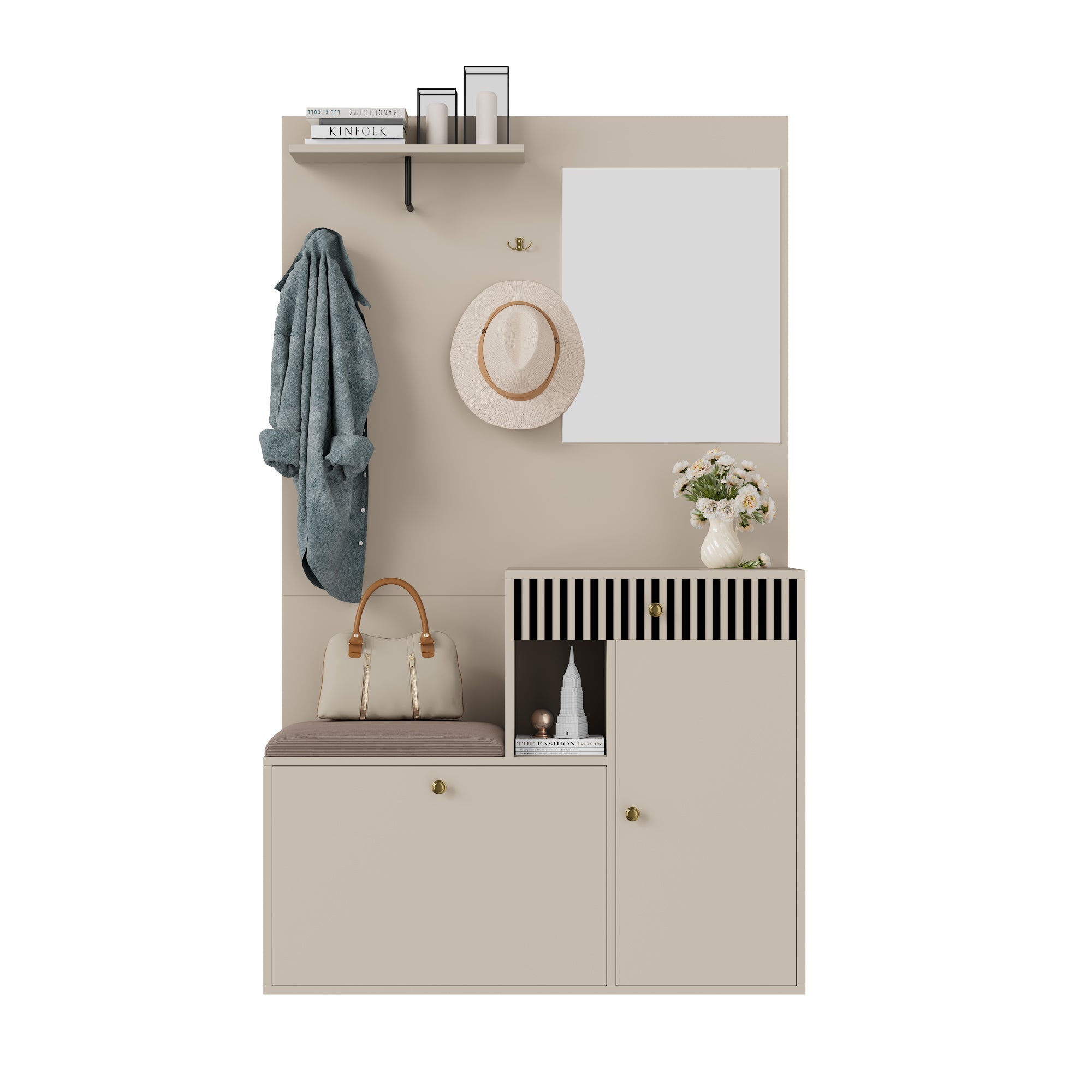 Wardrobe Set, Hallway with Mirror & Cushions, Shoe Cabinet, 110 x 185.5 x 37 cm, Compact