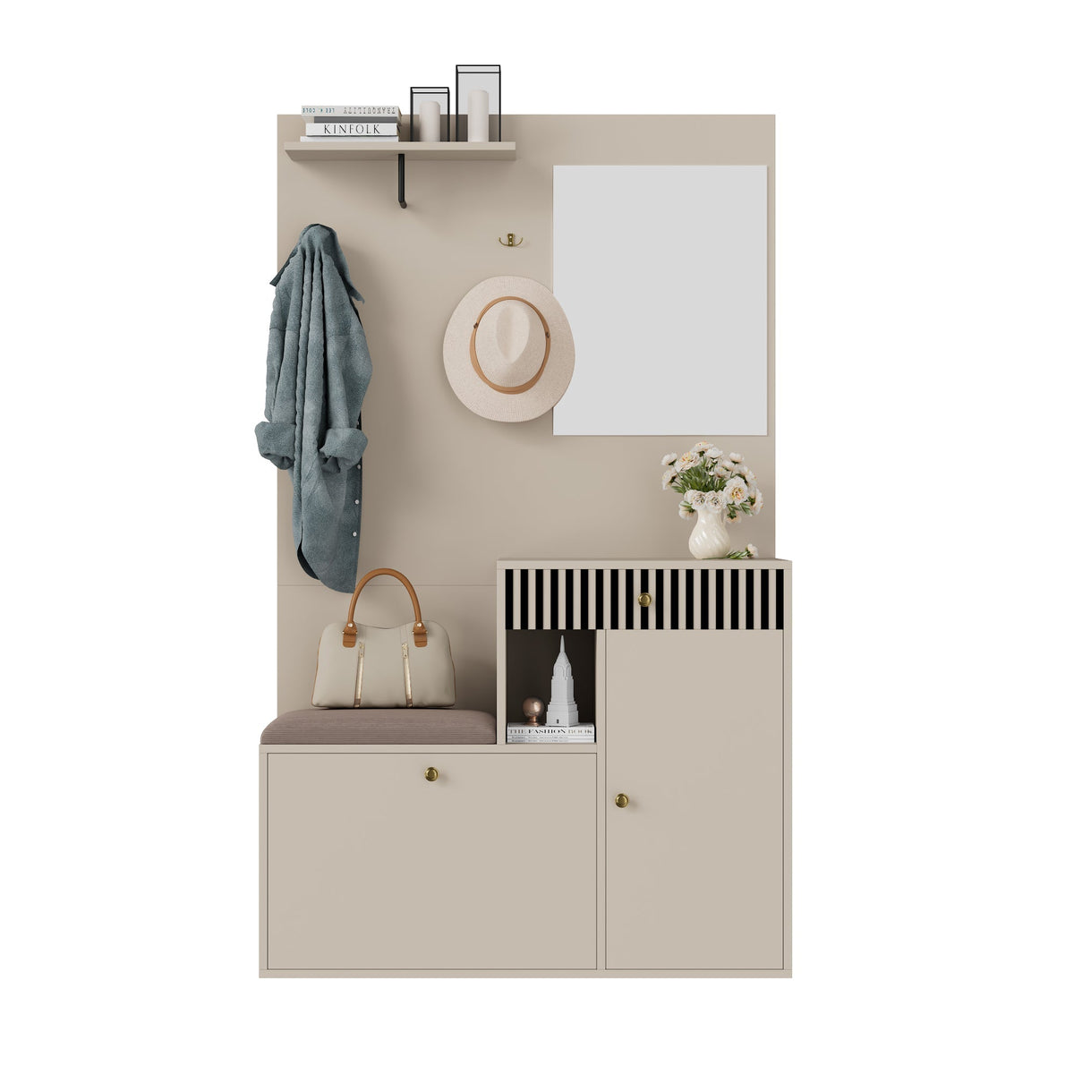 Wardrobe Set, Hallway with Mirror & Cushions, Shoe Cabinet, 110 x 185.5 x 37 cm, Compact
