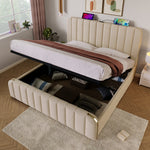 Upholstered Bed, Double Headboard with USB-C Charging, Hydraulic Storage, Beige Linen