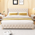 Upholstered Bed 160x200cm Button & Studded Headboard Slatted Frame - Light Beige Velvet