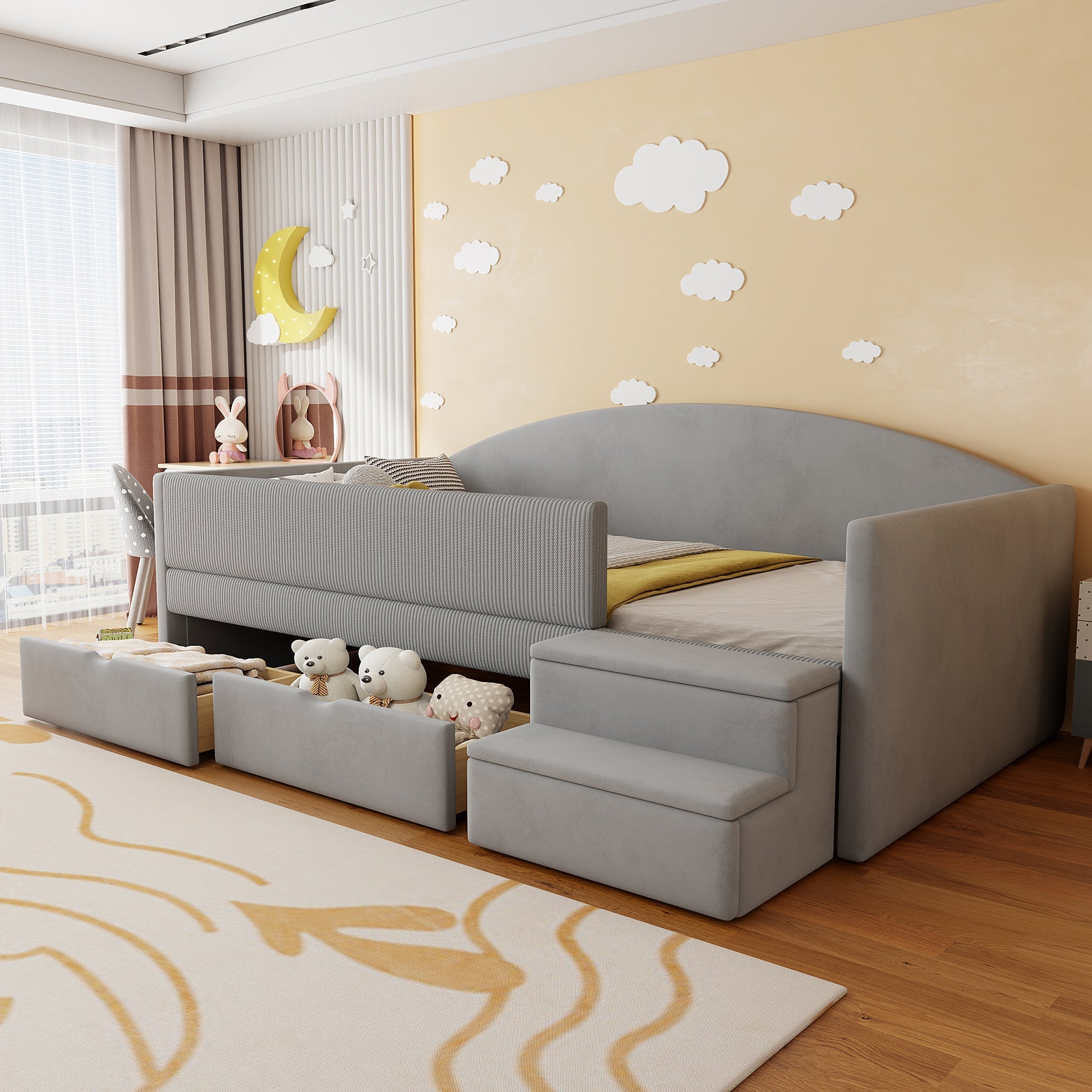 Multifunctional Upholstered Sofa Bed with Two Drawers, Railings and Steps, 90x190cm, Light Grey Velvet