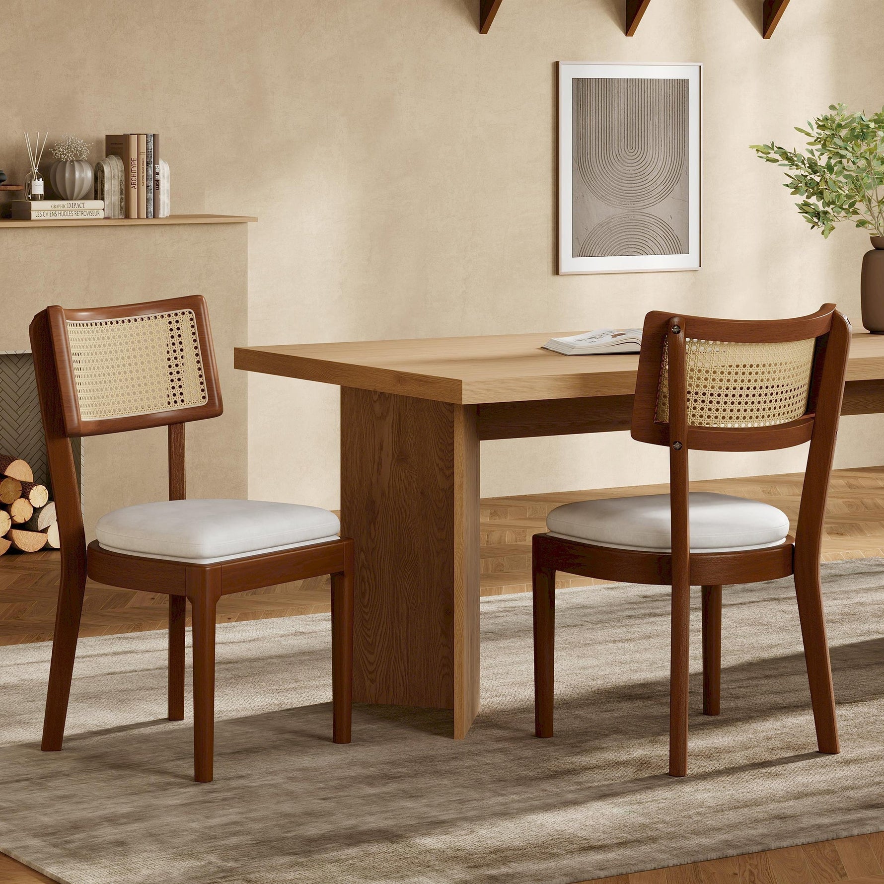 4 Solid Wood Dining Chairs Rattan Backrests Linen - Walnut