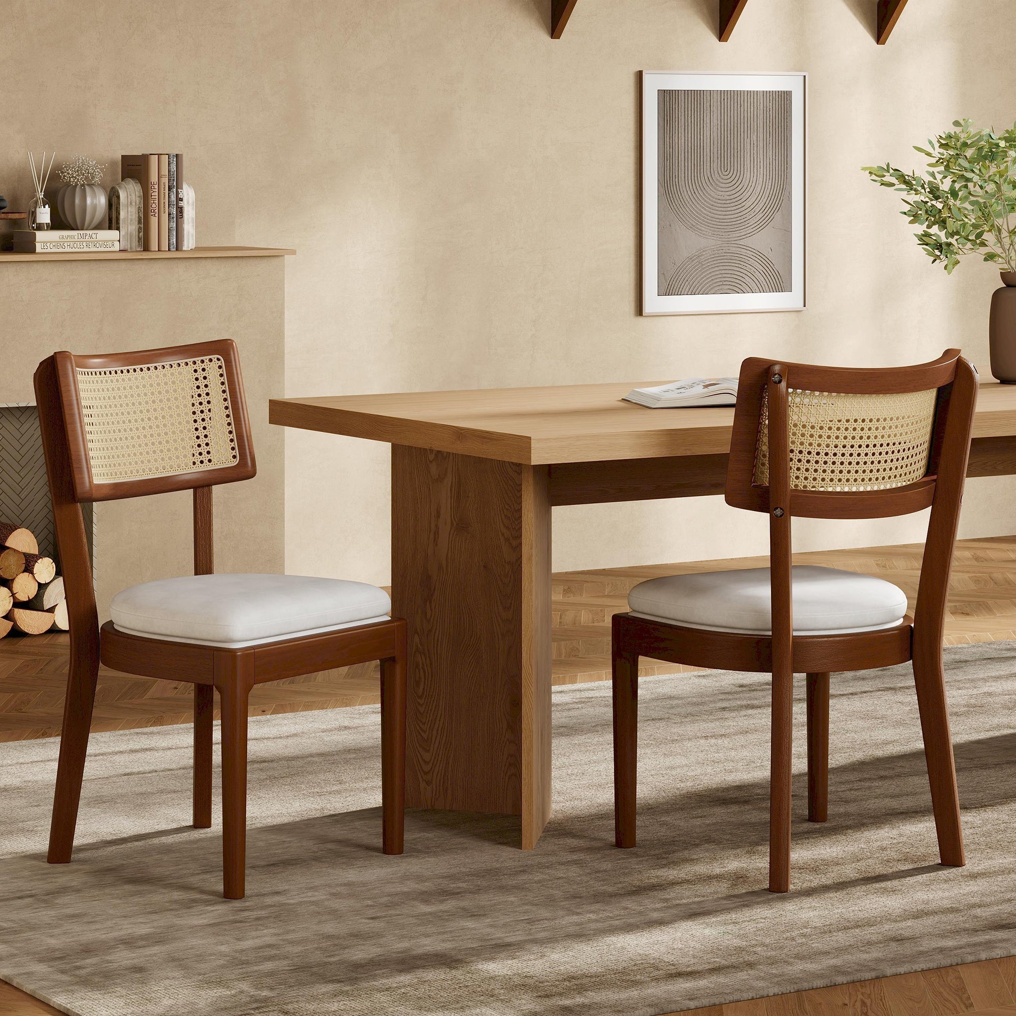 Solid Wood Dining Chairs Set of 2 Rattan Backrests Modern Style Linen Walnut