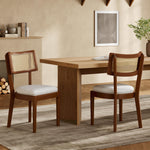 Solid Wood Dining Chairs Set of 2 Rattan Backrests Modern Style Linen Walnut