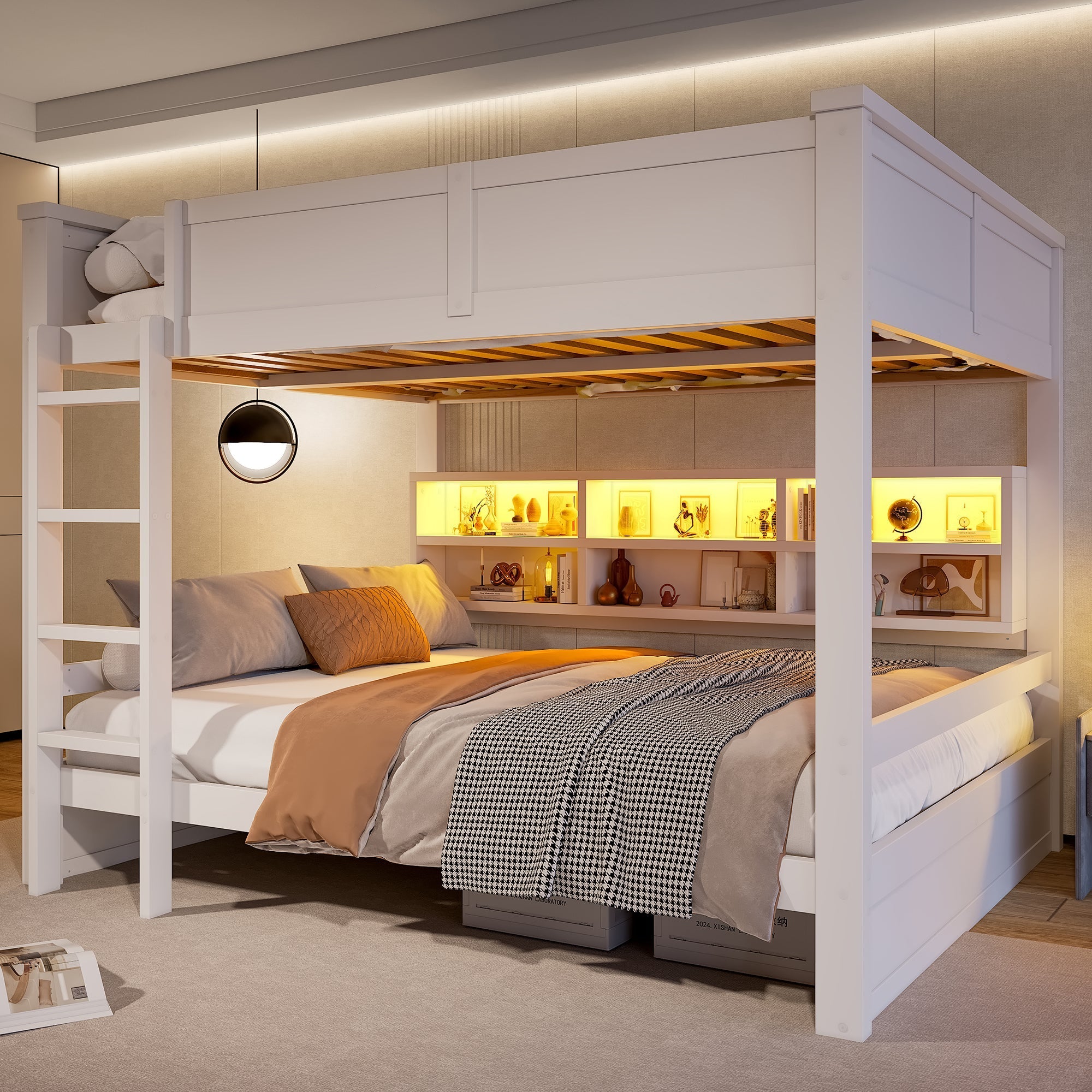 Bunk Bed with Storage Cabinets and LED Light, 160x200cm, White