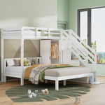 Multifunctional Bunk Bed with Wardrobe and Storage Stairs, 90x200cm and 140x200cm, White Solid Wood and MDF