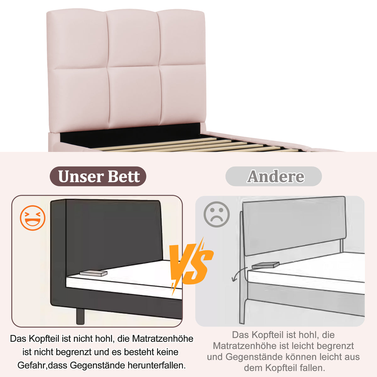 Upholstered Bed 90x200cm with Storage & USB Port, Pink Velvet