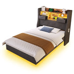 Upholstered Floating Bed 90x200cm LED/USB Charging Storage Headboard, Linen Grey