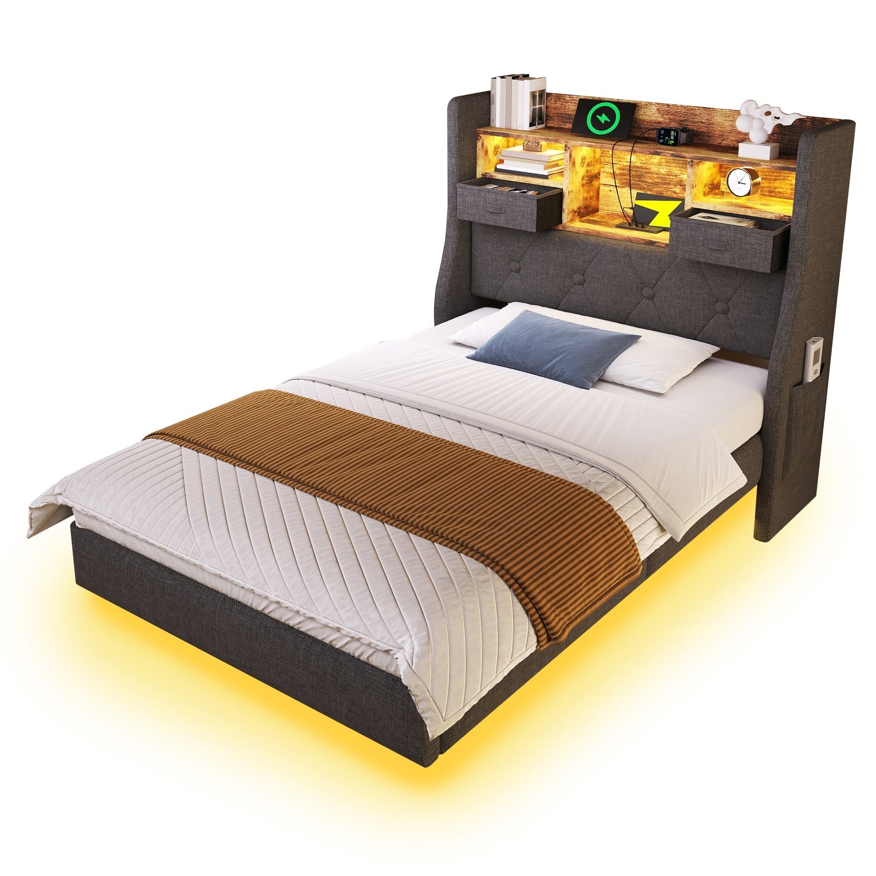 Upholstered Floating Bed 90x200cm LED/USB Charging Storage Headboard, Linen Grey