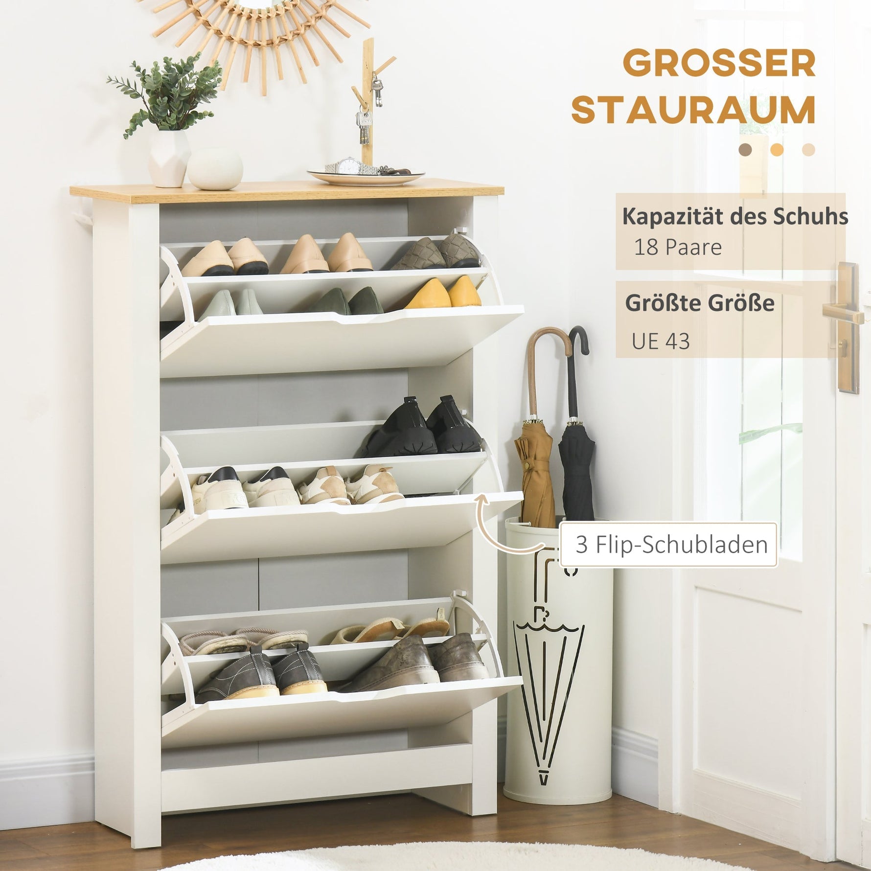 Shoe Cabinet Rack 3 Flaps 18 Pairs, Space-Saving, White Natural