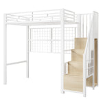Loft Bed 90x200cm with Storage Ladder & LED Lights, White Iron Frame