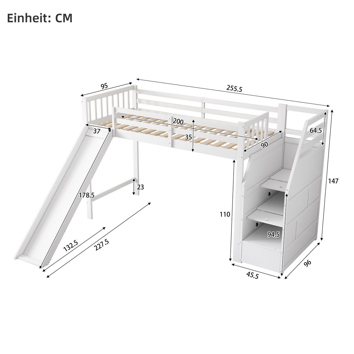 Children's Bunk Bed 90x200cm with Slide & Storage Ladder, White