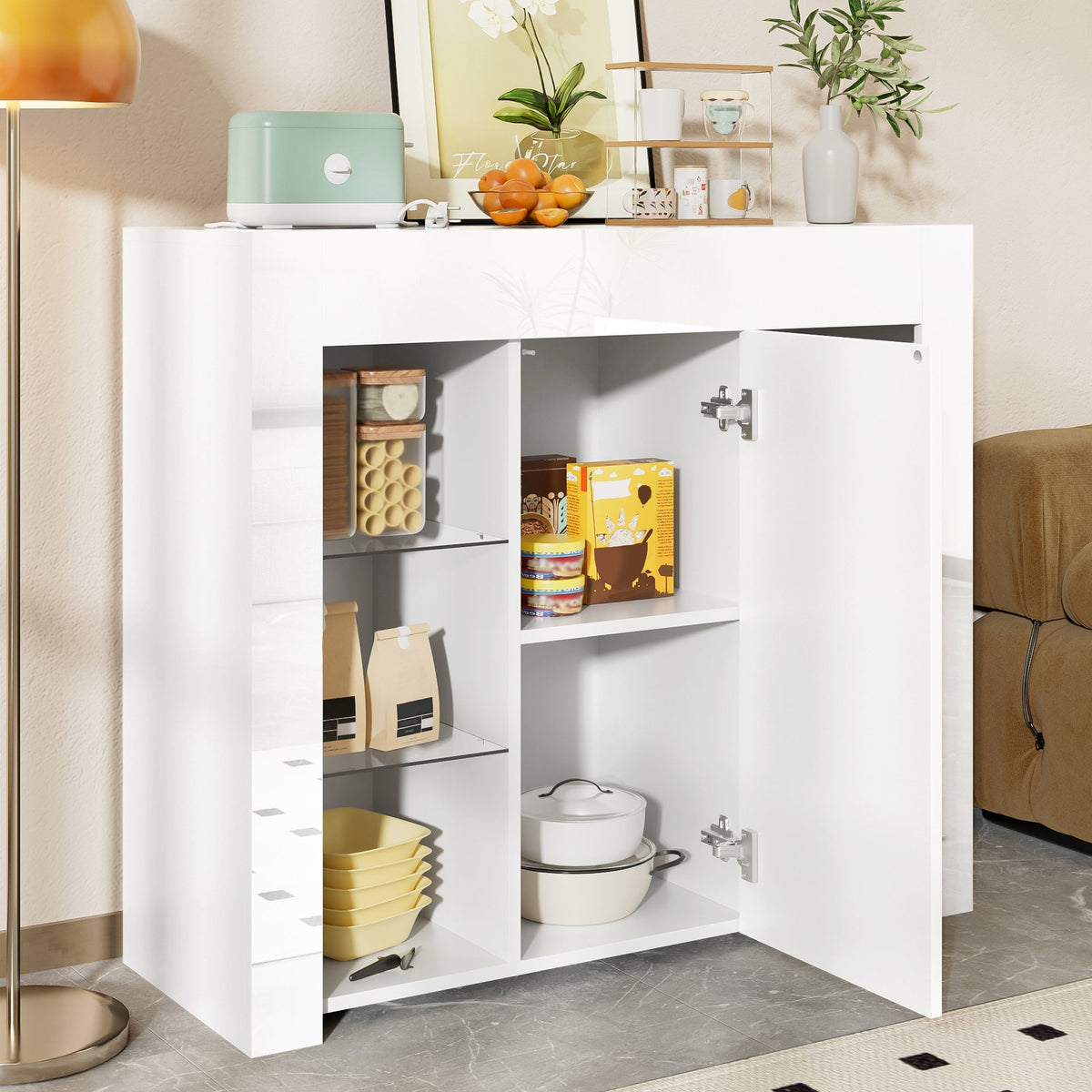 Modern Buffet with Glass Shelves & Cabinet Door, White