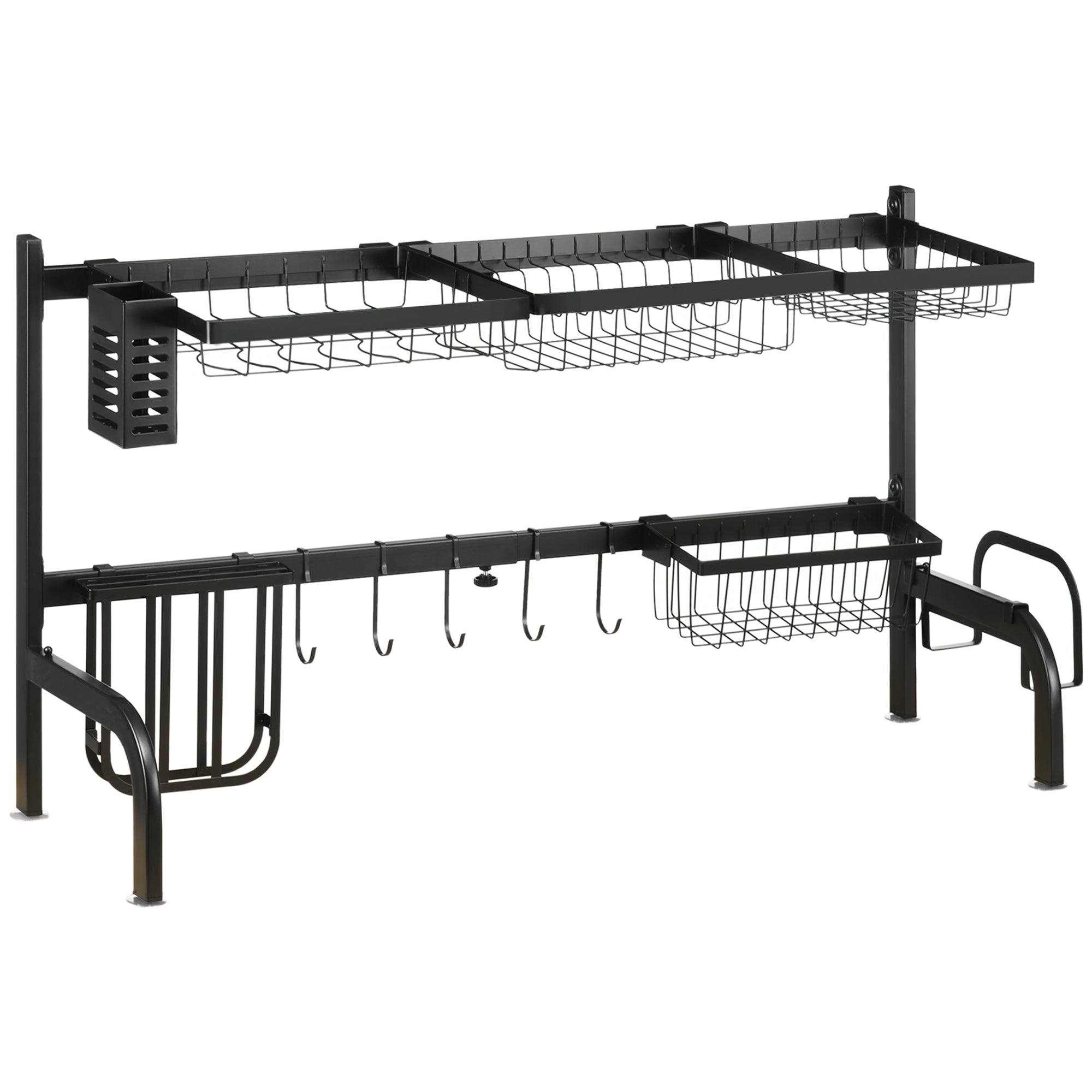 Dish Drainer 2-Tier with Hooks, Drip Tray, Steel, Black